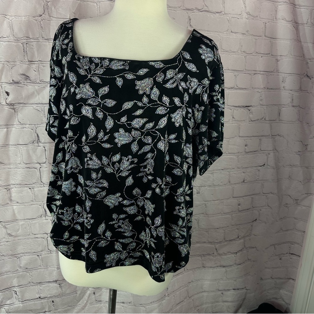 vintage J.B.S. Black Boxy Short Sleeve Blouse glittered floral design sz 2X